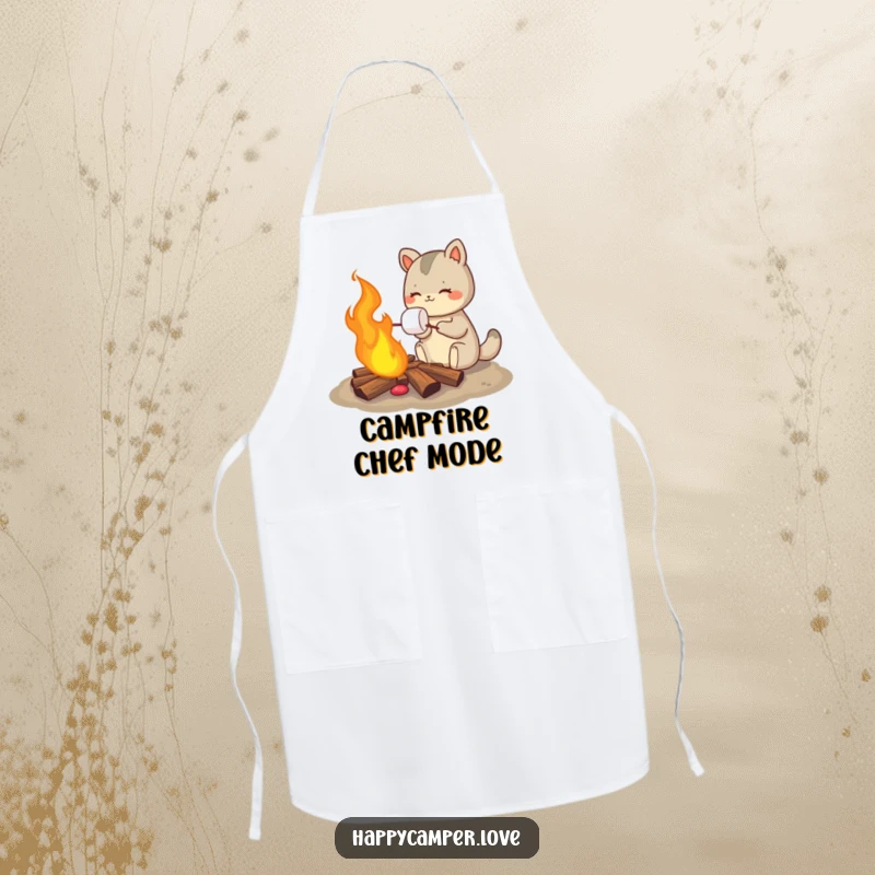 Funny apron depicting an animal delightedly roasting a marshmallow over a crackling campfire, ideal for cooking or grilling.