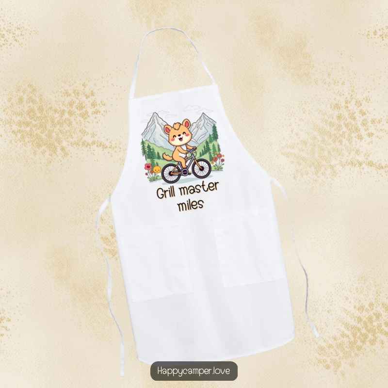 Funny apron depicting a happy animal cycling past a scenic mountain vista, ideal for kitchen or BBQ adventures.