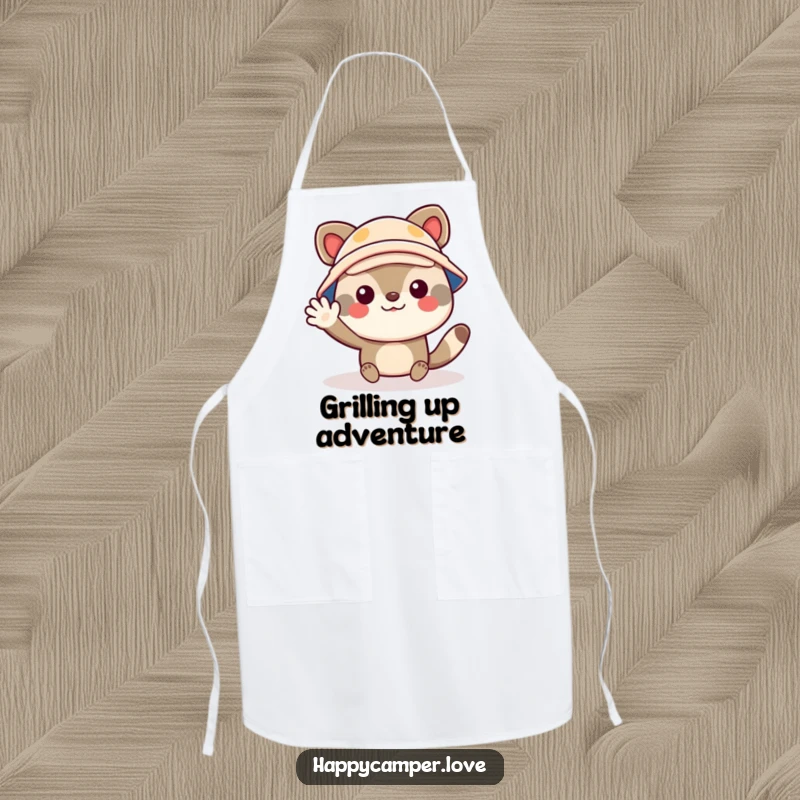 Funny camper apron featuring a cheerful animal character wearing a tiny camper hat, waving enthusiastically, ideal for outdoor use.
