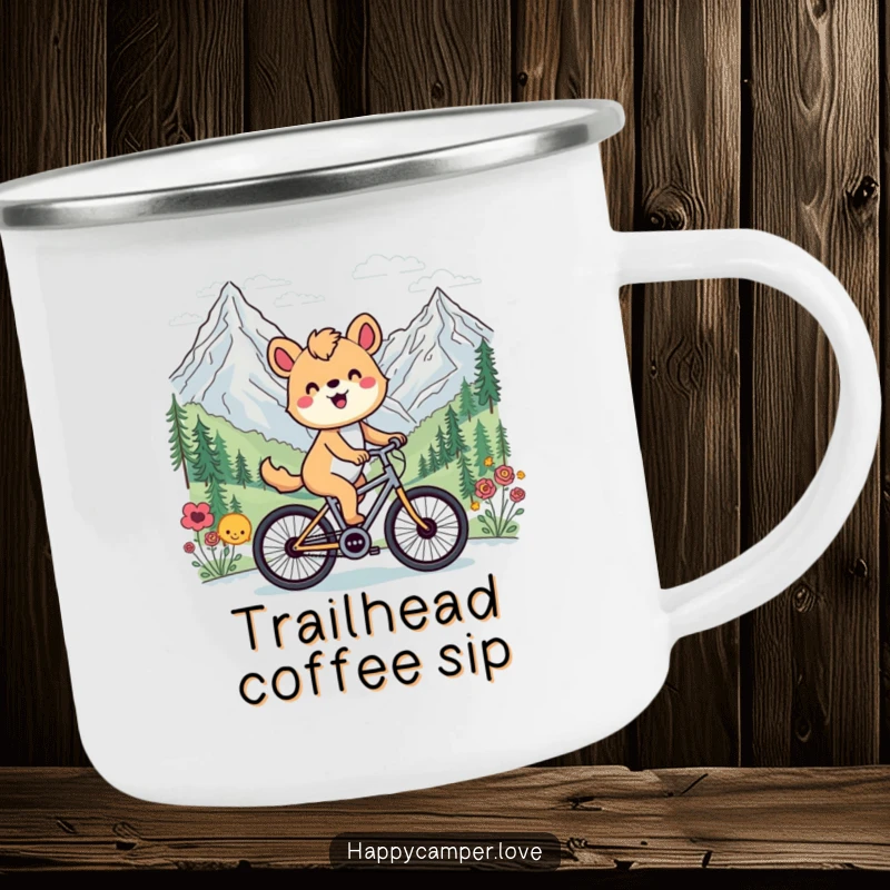 Funny camping mug featuring a happy animal cycling past a scenic mountain vista, perfect for enjoying drinks on the go.