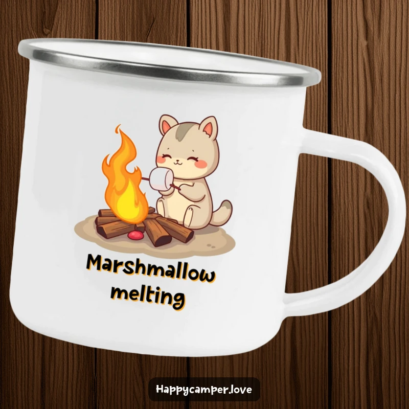 Funny camping mug showing a happy animal roasting a gooey marshmallow over a bright, crackling campfire, perfect for outdoor sipping.