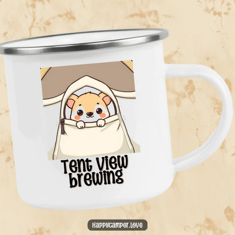 Funny camping mug featuring a curious animal peeking from a zipped tent flap, adding intrigue to your outdoor beverage.