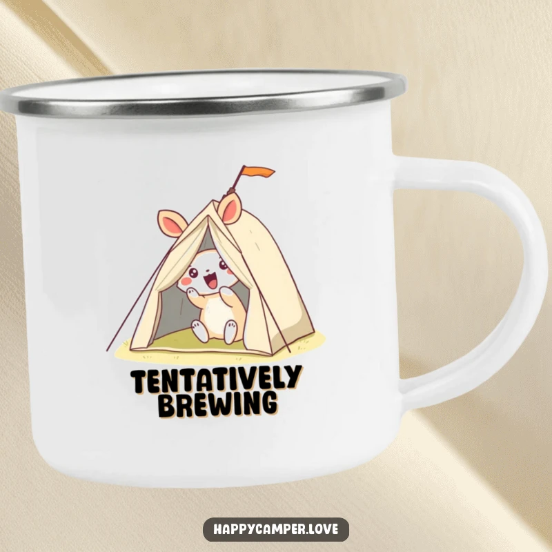 Funny camping mug featuring a cheerful animal hilariously failing to pitch a very unstable, wobbly tent during an outdoor escapade.
