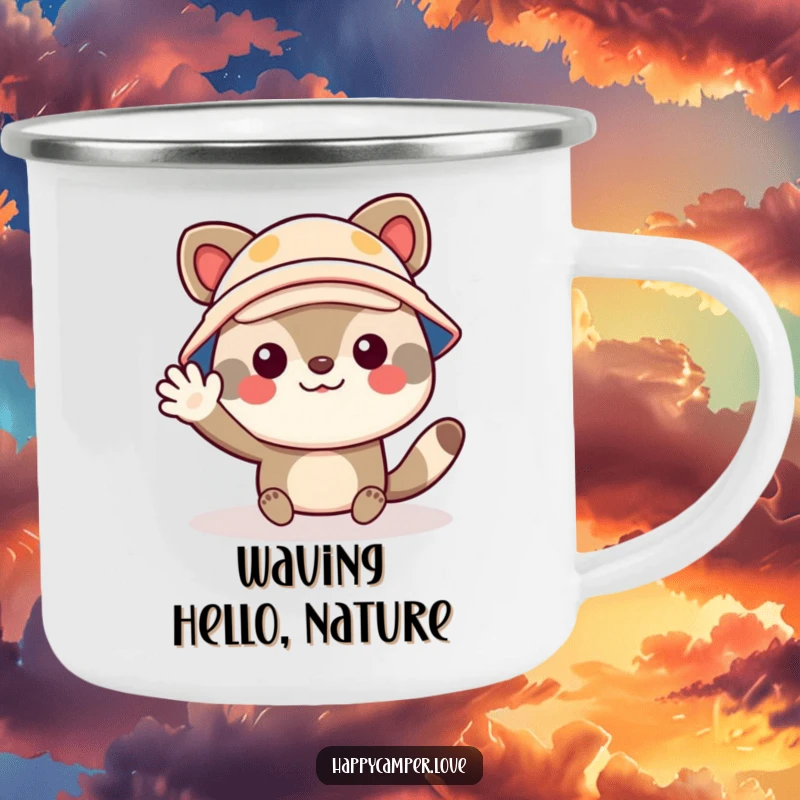Funny camping mug featuring a cheerful animal character wearing a tiny camper hat, waving enthusiastically, ideal for outdoor enthusiasts.