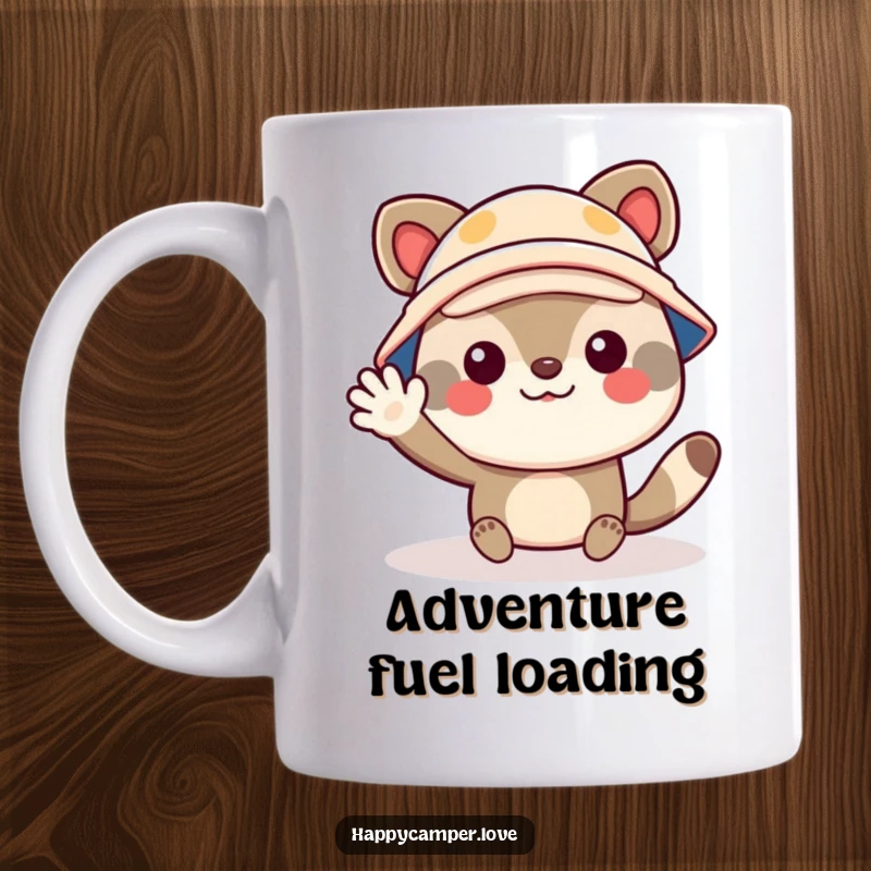 Funny mug with a cheerful animal character wearing a tiny camper hat, waving enthusiastically, celebrating adventure and travel.