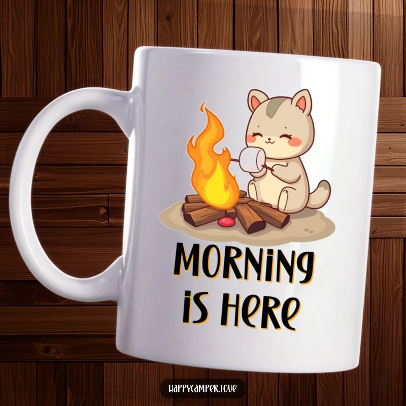 Funny mug showing a happy animal contentedly roasting a marshmallow over a warm, crackling campfire, capturing a moment of bliss.