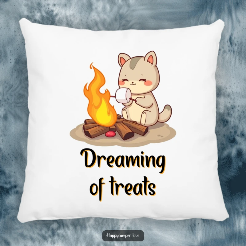 Funny pillow featuring a contented animal roasting a gooey marshmallow over a glowing, crackling campfire, perfect for snuggling.