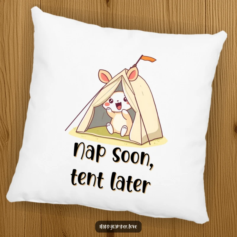 Funny pillow depicting a gleeful animal hilariously attempting to set up a very unstable, wobbly tent, bringing smiles.