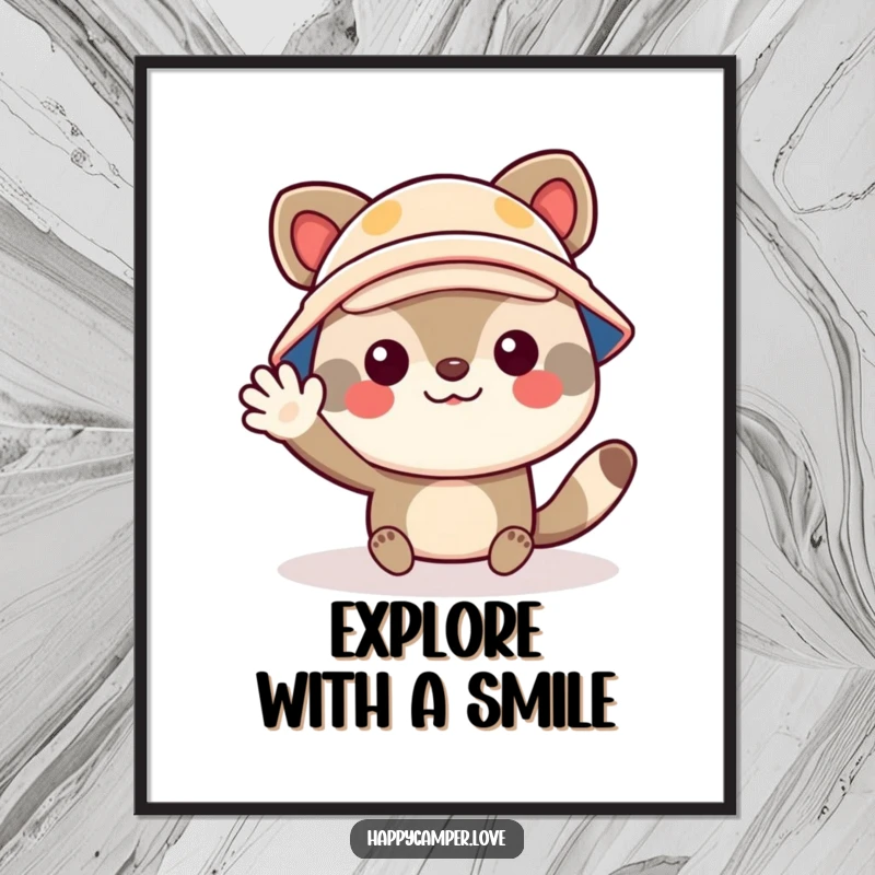 Funny digital art print of a cheerful animal character wearing a tiny camper hat, waving enthusiastically, perfect for instant decor.