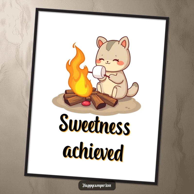 Funny digital art print of a content animal roasting a marshmallow over a glowing campfire, offering instant cozy wall decor.