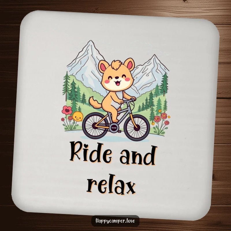 Funny coaster depicting a happy animal cycling past a scenic mountain vista, adding a touch of adventure to your table.