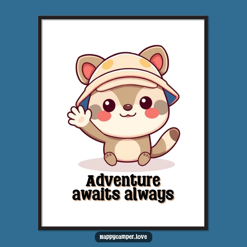 Funny Camper Poster: Cheerful Animal Waving, Whimsical Wall Art