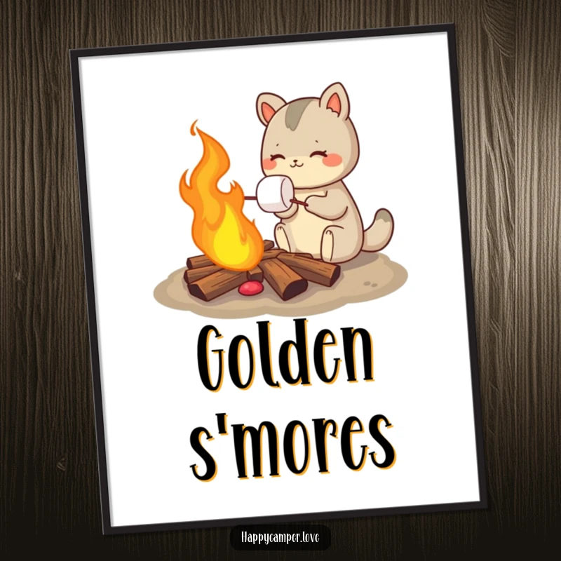 Funny poster of an animal contentedly roasting a marshmallow over a vibrant, crackling campfire, creating a warm and inviting scene.