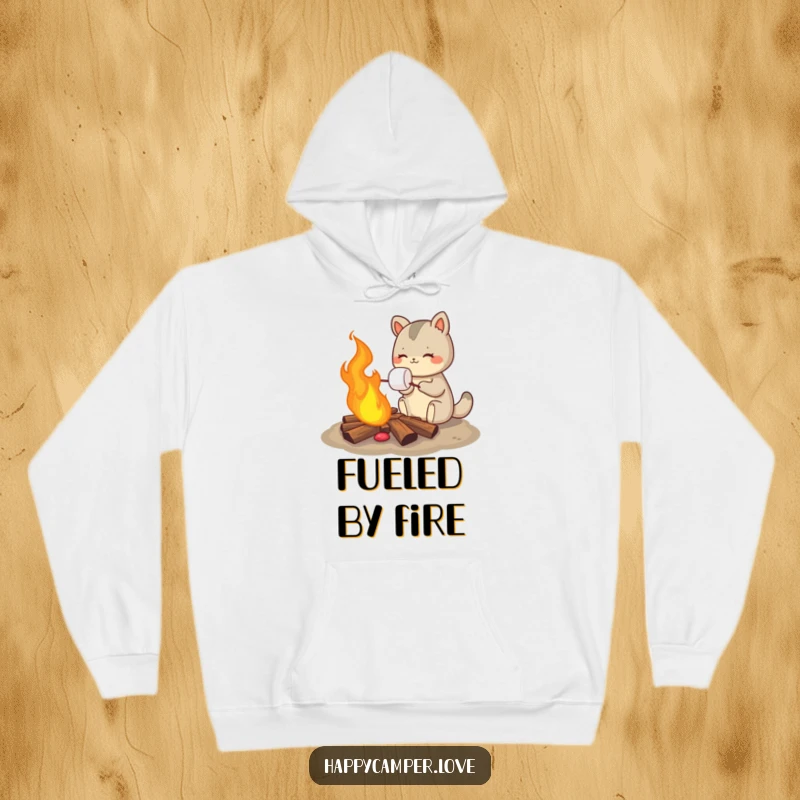 Funny hoodie showcasing an animal happily roasting a gooey marshmallow over a glowing, crackling campfire, perfect for cozy evenings.