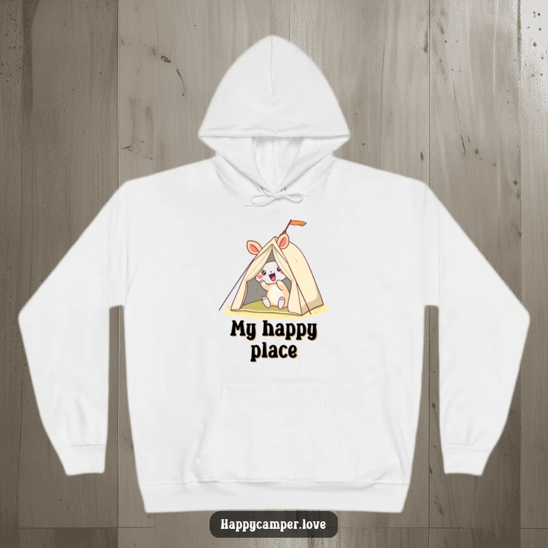 Funny hoodie featuring an excited animal hilariously failing to pitch a very wobbly tent, radiating pure camping joy and effort.
