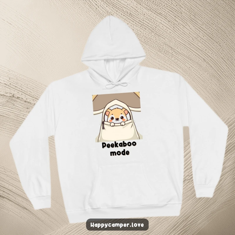 Funny hoodie featuring a cute animal curiously peeking out from a zipped tent flap, offering a glimpse of fun.