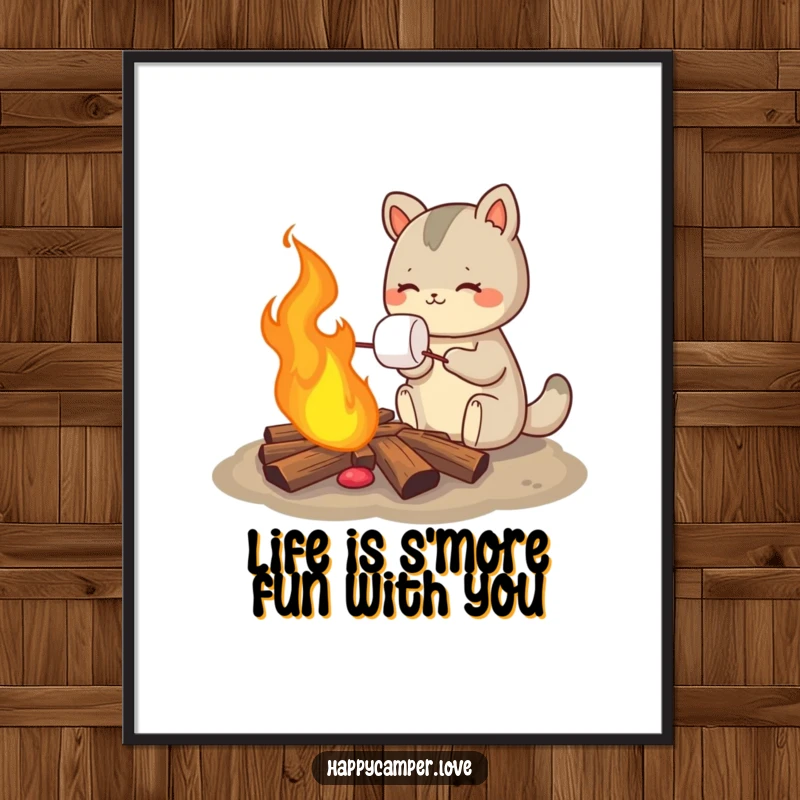 Funny free printable wall art featuring a content animal roasting a marshmallow over a glowing campfire.