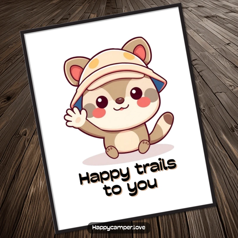 Funny Free Printable Wall Art: A cheerful animal wearing a tiny camper hat waves enthusiastically, embodying adventure and fun.