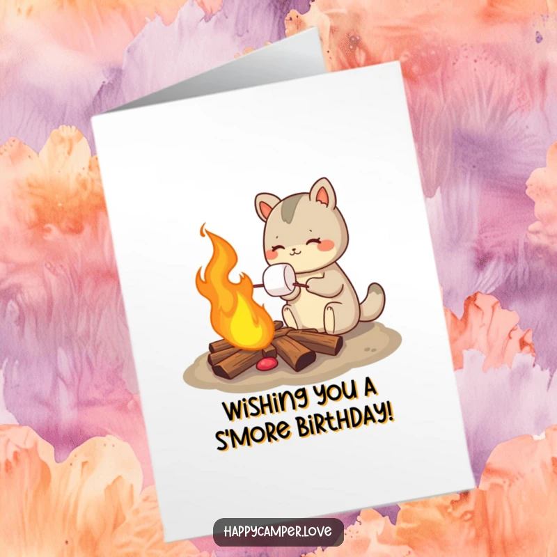 Funny free printable birthday card featuring a happy animal skillfully roasting a marshmallow over a campfire.
