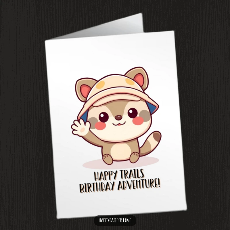 Funny Free Printable Birthday Card: Cheerful animal in a tiny camper hat waves enthusiastically, ready for birthday fun.
