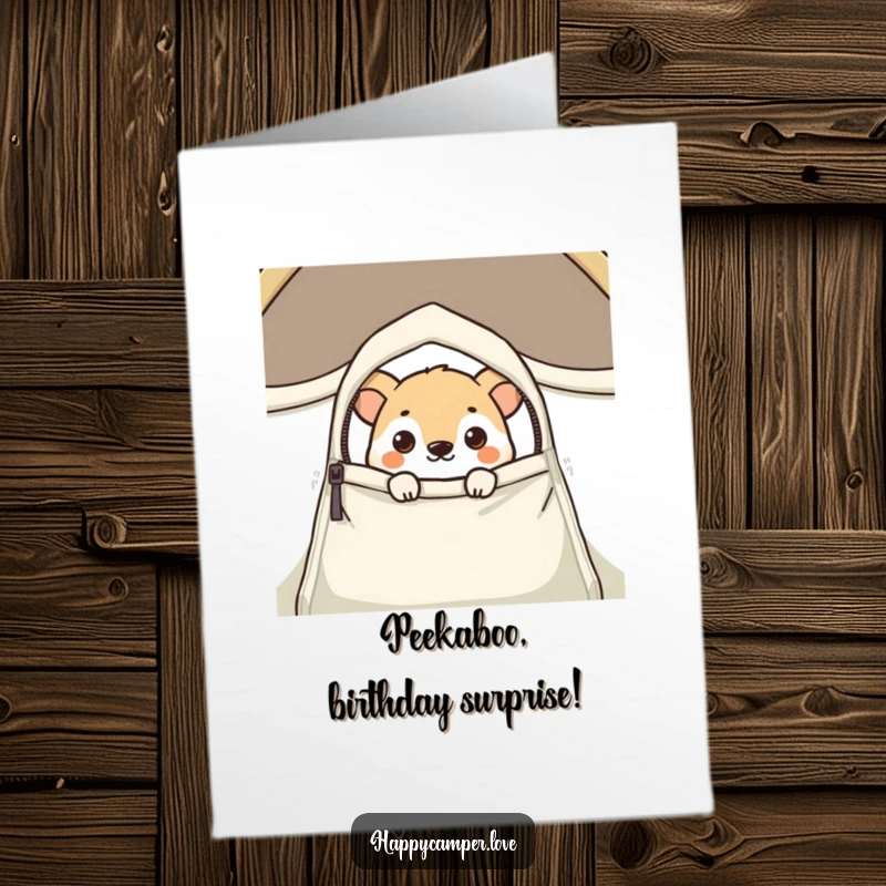 Funny free printable birthday card showing a curious animal peeking mischievously from a zipped tent flap.