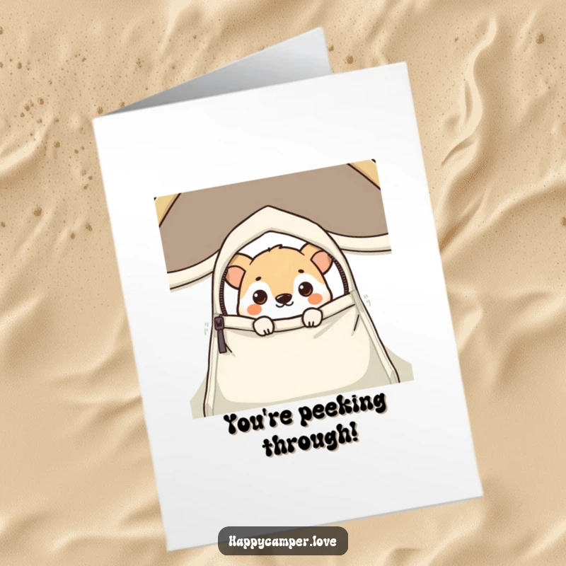 Funny free printable congratulations card featuring a curious animal peeking out from a tent flap.