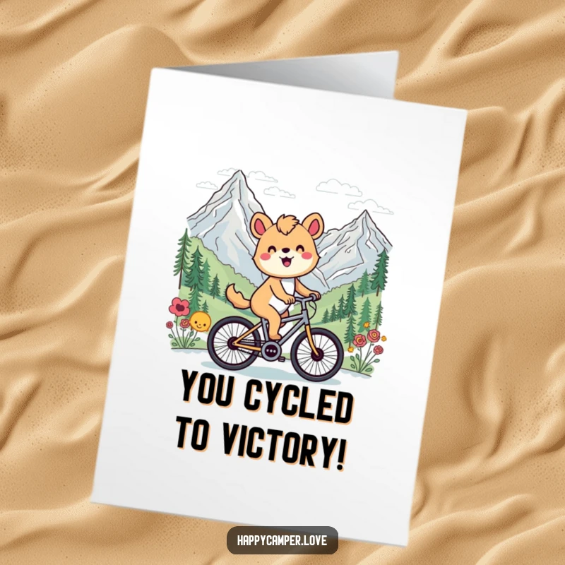 Funny free printable congratulations card showing a happy animal cycling past a majestic mountain landscape.