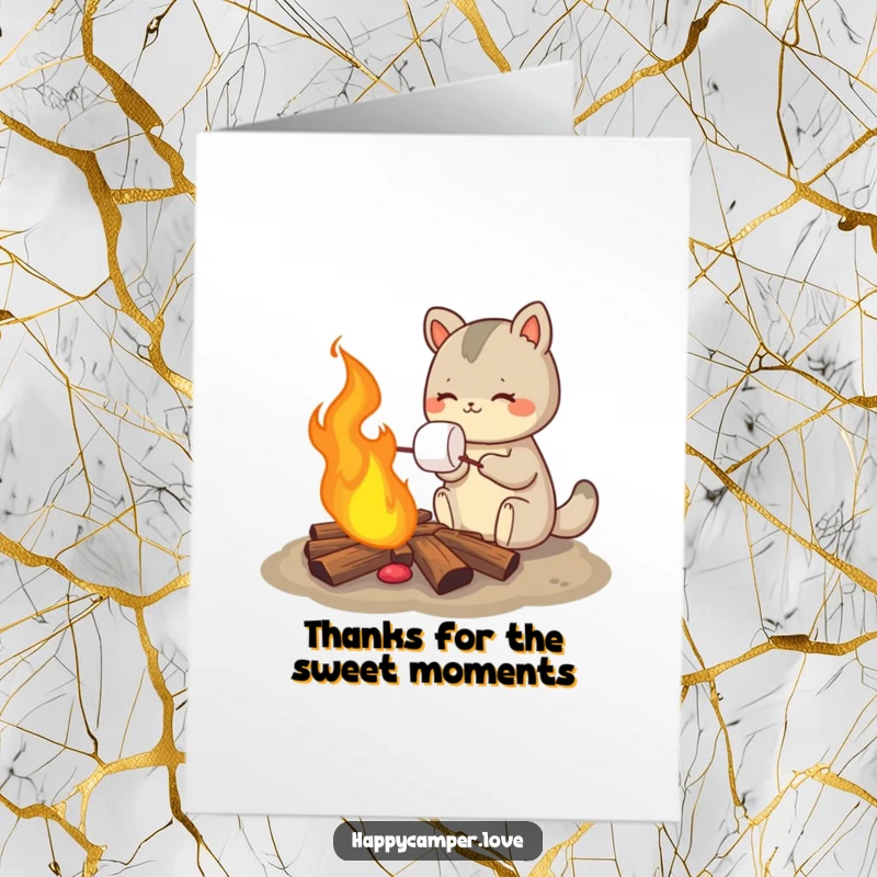 Funny free printable thank you card with an animal enjoying a perfectly roasted marshmallow by a campfire.