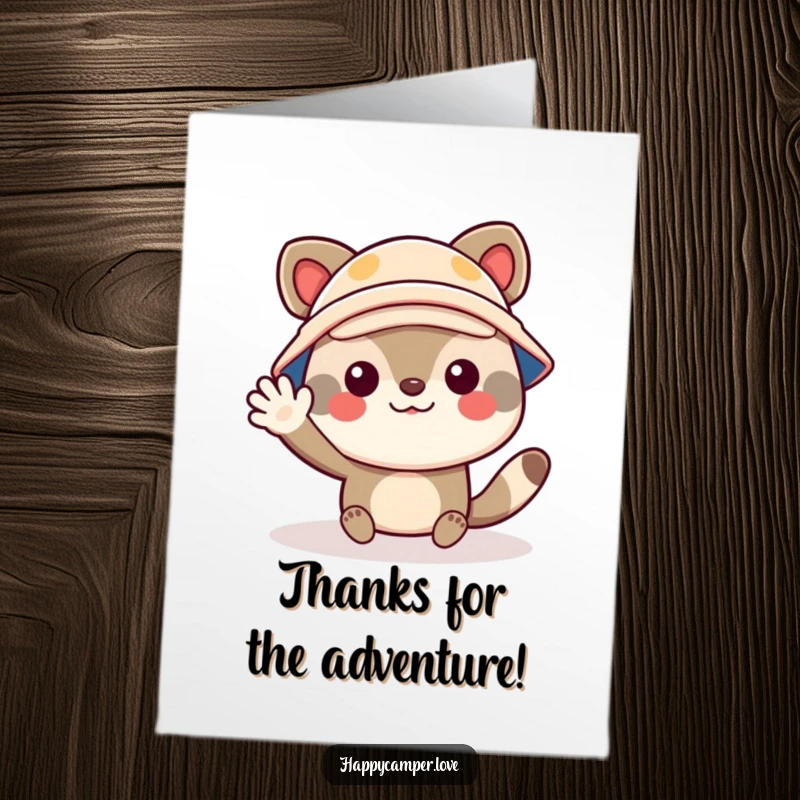 Funny Free Printable Thank You Card: A happy animal in a camper hat waves enthusiastically, sending warm thanks.