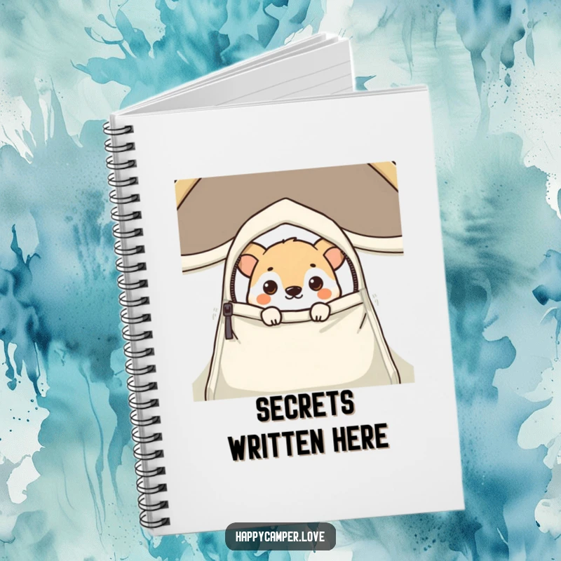 Funny notebook cover featuring a curious animal peeking from a zipped tent flap, inspiring observation and creativity.