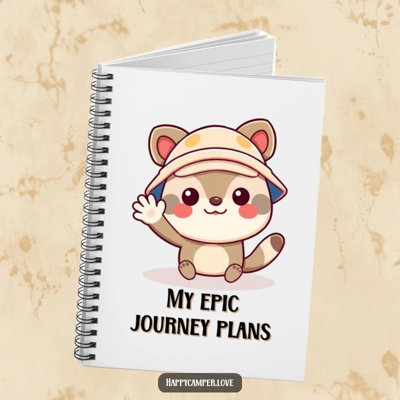 Funny notebook with a cheerful animal character wearing a tiny camper hat, waving enthusiastically, perfect for jotting notes.