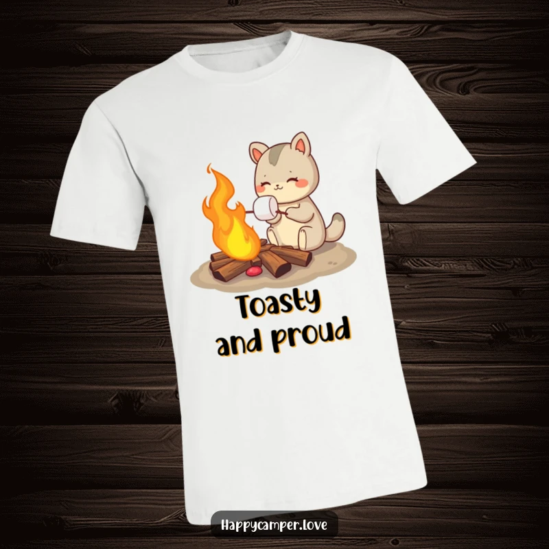 Funny t-shirt depicting an animal delightfully roasting a marshmallow over a bright, crackling campfire, embodying outdoor relaxation.