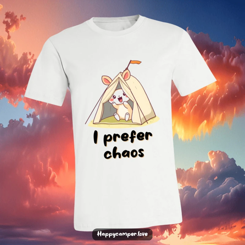 Funny t-shirt with a happy, determined animal humorously attempting to set up a comically unstable tent in the great outdoors.