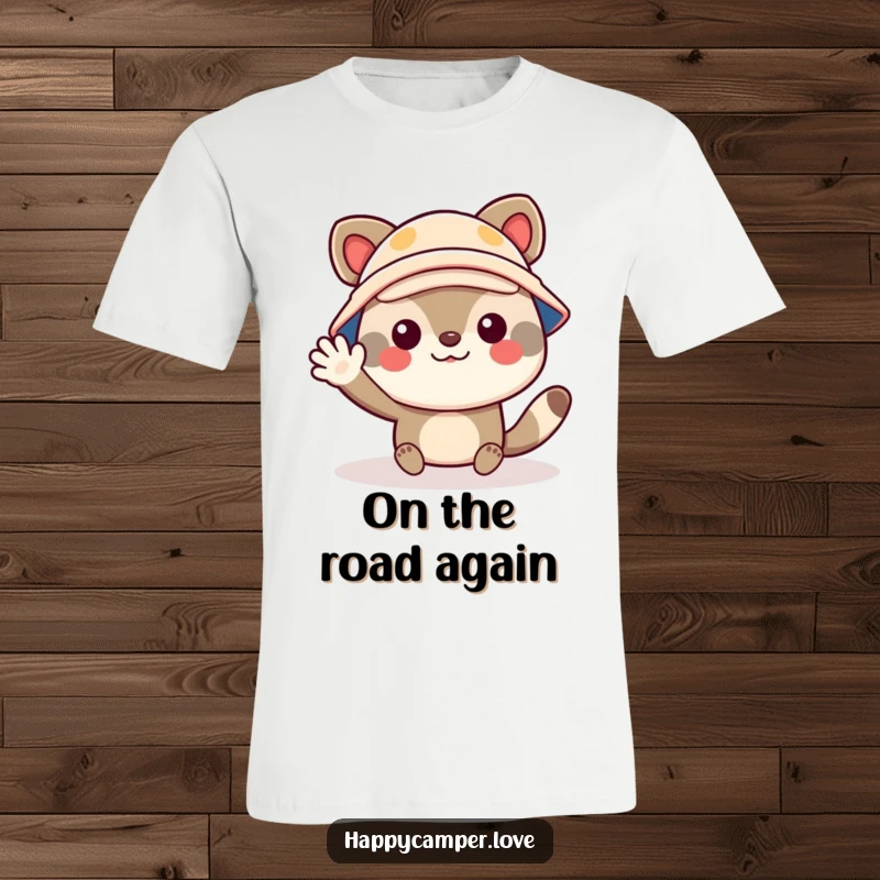 Funny t-shirt featuring a cheerful animal character wearing a tiny camper hat, waving enthusiastically, perfect for outdoor enthusiasts.