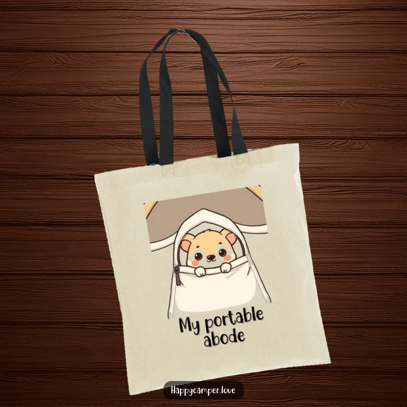 Funny tote bag illustrating a curious animal playfully peeking out from a zipped tent flap, great for everyday use.