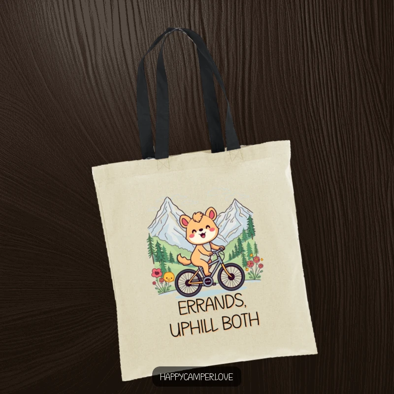 Funny tote bag illustrating a cheerful animal cycling past a scenic mountain view, perfect for carrying daily essentials.