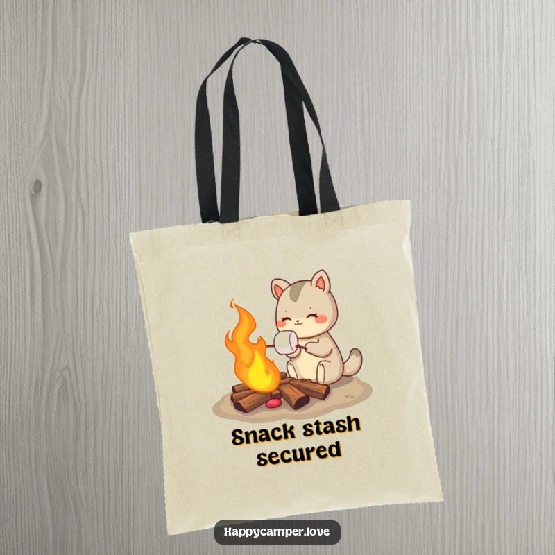 Funny tote bag illustrating an animal enjoying a perfectly roasted marshmallow over a warm, crackling campfire, great for carrying gear.